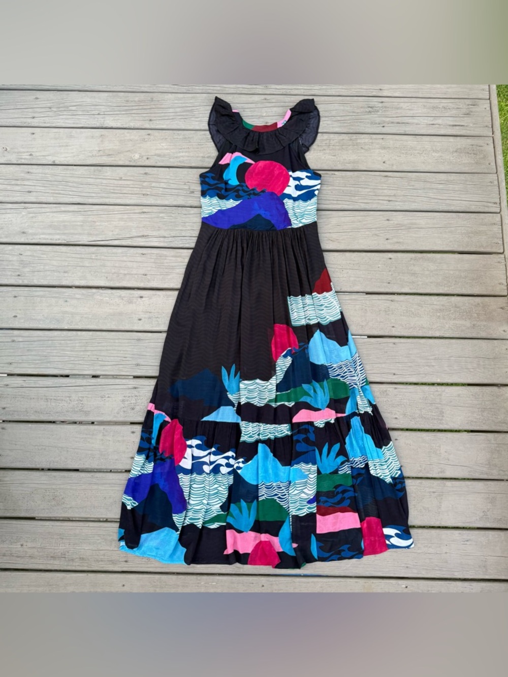 NWT Oliphant Ruffle V-Neck Maxi Dress in Pacifica Waves Print Size M - Picture 8 of 15